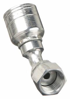 AEROQUIP Hydraulic Crimp Fitting: Steel x Steel, 45° Elbow, -20 For Hose Dash Size, ORS x Crimp (MPN 1AA6FRA4). Key specifications — Fitting Gender: Female x Genderless; Fitting Connection Type: ORS x Crimp; For Hose Dash Size: -20; Thread Size: 11/16"-16; Brand: AEROQUIP.