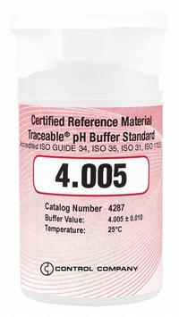 TRACEABLE Buffer - pH 4.005: ACS, 100 mL Volume, Liquid, 4.005 pH, Plastic, Bottle, Solution, 6 (MPN 4287). Key specifications — Brand: TRACEABLE; CAS Number: 123-03-5; Chemical Family Type: Solution; Chemical Grade: ACS; Concentration: 4.005 pH; Container Material: Plastic; Container Type: Bottle; Form: Liquid.