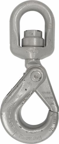 CROSBY Self-Locking Hook: 18,000 lb Working Load Limit, 100 Hook Grade, Alloy Steel, Swivel, Plain (MPN 1004440). Key specifications — Color: Silver; Brand: CROSBY; Visual Indicator Markings: Deformation & Max Angle.