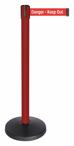 QUEUEWAY Barrier Post with Belt: Red, No Pattern, Danger Keep Out, 10 ft Belt Lg, Red, 10 ft x 2 in (MPN QPLUS-21-RH). Key specifications — attr981468: ABS; attr981465: Red; attr981461: QUEUEWAY; attr981440: Metal Alloy; attr981443: Red; attr981449: Danger Keep Out; attr981448: White.