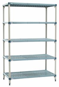 METRO Shelf Plastic Industrial Shelving (5): 24 in x 60 in, 74 in Overall Ht, 5 Shelves (MPN 5Q567G3). Key specifications — Resistance Properties: Antimicrobial; Shelf Adjustment Type: Quick-Adjust; Frame Material: Steel; Shelving Material: Polymer; Brand: METRO.