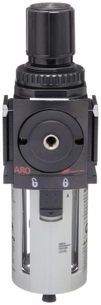 ARO Filter-Regulator: 2000 Series, 3/4 in NPT, 173 cfm, 0.3 micron, 0 psi to 140 psi, Manual Drain (MPN P39353-100). Key specifications — attr109419: ARO; attr109429: Aluminum; attr109463: No; attr109468: 2000.