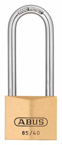 ABUS Padlock: Brass, Unfinished, Yellow, Long Shackle, Steel, 2 29/64 in Vert Clearance, 86 Series (MPN 85HB/40 MK KD). Key specifications — attr1312298: 86 Series; attr1312306: 403; attr1312342: No; attr1312346: ABUS.