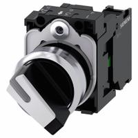 SIEMENS Selector Switch: 22 mm Panel Mounting Size, 2 Positions, Short Lever, 1NO (MPN 3SU11502BF601BA0). Key specifications — AC Contact Rating: 10 A @ 500 V; Action: Maintained/Maintained; Cam: No Cam Included; DC Contact Rating: 5 A @ 500 V; Hazardous Location Specification: Not Rated; Operator Head Material: Plastic; Operator Head Type: Short-Handled Knob; Operator Illumination: Illuminated.