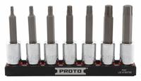 PROTO Socket Bit Set: 1 - 25 Pieces, 3/8 in Drive Size, 7 Pieces, 1/8 in to 3/8 in Tip Size Range (MPN J4990R7SAE). Key specifications — attr1216280: Fixed Insert; attr1216283: PROTO; attr1225718: 1/8 in to 3/8 in; attr1227491: 3/8 in.