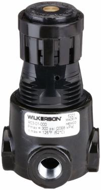 WILKERSON Compressed Air Regulator: Zinc, 1/8 in NPT, 13 cfm, 2 psi to 125 psi, Knob, R03 Series (MPN R03-01-000). Key specifications — attr111664: No; attr111400: R03; attr111627: WILKERSON.