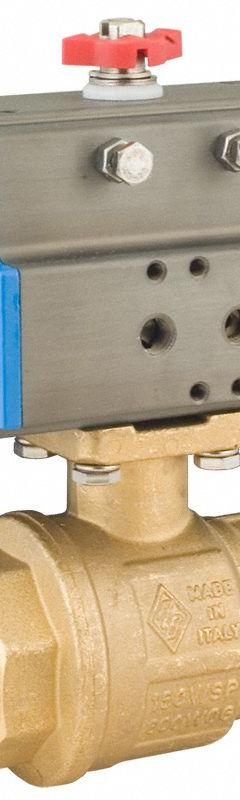 BONOMI Pneumatically Actuated Two-Way Ball Valve: 3/8 in, Brass, FNPT x FNPT, Double-Acting (MPN 8P0080LF-3/8-C1). Key specifications — Brand: BONOMI; Pilot Solenoid Voltage: 110V AC.