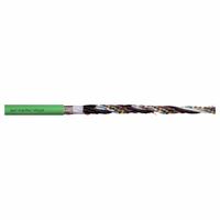 CHAINFLEX Measuring System Cable: Green, PUR Jacket, 50 V Volt (MPN CF111-040-D). Key specifications — Conductor Grouping: (3) Four Pair 26 AWG/(2) 26 AWG/(2) 22 AWG/(2) 16 AWG; Includes Ground: No; Overall Length: Order by the Foot; Minimum Bend Radius Factor - Fixed: 5 x OD; Minimum Bend Radius Factor - Flexible: 8 x OD; Brand: CHAINFLEX.