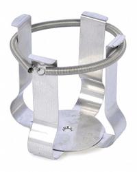 OHAUS Media Bottle Clamp: Flask Clamp, Stainless Steel, Rubber Mat, 500 mL (MPN 30400097). Key specifications — Hold Capacity: 500 mL; Brand: OHAUS; Includes: Rubber Mat; Material: Stainless Steel; Product Type: Flask Clamp.