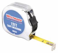 WESTWARD Tape Measure: Nonmagnetic Single Hook Tip, 12 ft, Chromed Plastic, Silver (MPN 1MKR4). Key specifications — attr935324: WESTWARD; attr942259: Silver; attr935328: 1/32 in (1st 12 in); attr935329: Inches; attr935337: SAE; attr936607: Manual Lock; attr972446: Inch; attr979969: Nonmagnetic Single Hook.
