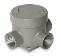 Conduit Outlet Body: Aluminum, GE, 1 1/2 in Trade Size, T Body, 29 cu in Body Capacity (MPN GEBT-5). Key specifications — Series: For Standard Body; Compatible Conduit Trade Size: 1-1/2 in; Thread Gender: Female; Hub Style: Threaded; Cover Included: Yes; Body Style: T; Connection Type: Threaded; Back Type: Flat.