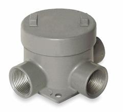 Conduit Outlet Body: Aluminum, GE, 1 1/2 in Trade Size, T Body, 29 cu in Body Capacity (MPN GEBT-5). Key specifications — Series: For Standard Body; Compatible Conduit Trade Size: 1-1/2 in; Thread Gender: Female; Hub Style: Threaded; Cover Included: Yes; Body Style: T; Connection Type: Threaded; Back Type: Flat.