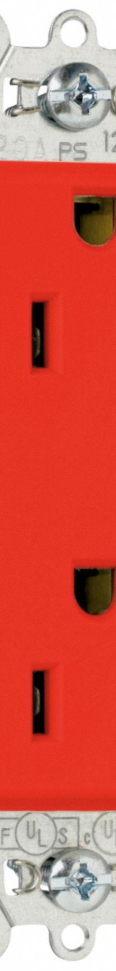PASS & SEYMOUR Receptacle: Hospital Grade, Decorator Duplex, 5-20R, Red, 125V AC, 20 A (MPN PTTR26362HGRED). Key specifications — attr1367147: PASS & SEYMOUR.