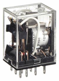 OMRON General Purpose Relay: Socket Mounted, 5 A Current Rating, 12V DC, 3PDT, 11 Pins/Terminals (MPN MY3N-DC12). Key specifications — Brand: OMRON; Base Type: Square; Mounting Style: Plug-In; Pin Shape: Flat; Electrical Connection: Quick-Connect; Manufacturer Part Number: MY3N-DC12; Operating Current: 2 A at 220V AC (Inductive Load); Series: MY Series.