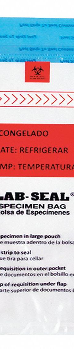 Specimen Transfer Bag: LDPE, Biohazard, 1.8 mil Thick, Clear, 17 in Overall Ht, Non-Sterile, 500 PK (MPN LABA1517B). Key specifications — Brand: LK PACKAGING; Closure Type: Adhesive; Product Type: Specimen Transfer Bag; Manufacturer Part Number: LABA1517B; Color: Clear; Display Sell UOM: PK; Legend: Biohazard.