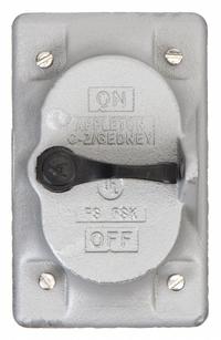 APPLETON ELECTRIC Weatherproof Cover: Malleable Iron, FD/FS, Square Handle Tumblers/Toggle Switches (MPN FSK-1VS). Key specifications — Brand: APPLETON ELECTRIC; Color: Gray; Compatible with Product Type: Toggle Switches; Compatible with Series: FS; Mounting Orientation: Vertical.