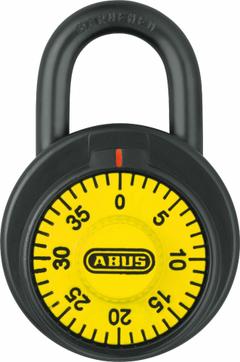 ABUS Combination Padlock: Dial Combo, Yellow, Steel, Std Shackle, Steel Shackle (MPN 78956). Key specifications — Dial Color: Yellow; Brand: ABUS.