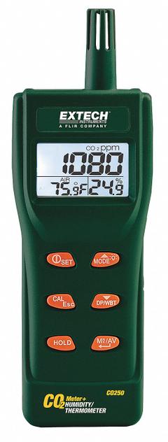 EXTECH Indoor Air Quality Meter: Calculates Averages/Custom Alerts, Gas Analyzers for Carbon Dioxide (MPN CO250). Key specifications — Manufacturer Part Number: CO250; Brand: EXTECH; Calibration Certificate Type: Not Certified; Digital Display Screen Type: LCD with Backlight; Features: Calculates Statistical Weighted Averages of STEL (15 Minute Short Term Exposure Limit); Includes: Cable; PPM Accuracy: ±5% of Reading + 50ppm; Power Source: Battery.