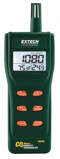 EXTECH Indoor Air Quality Meter: Calculates Averages/Custom Alerts, Gas Analyzers for Carbon Dioxide (MPN CO250). Key specifications — Manufacturer Part Number: CO250; Brand: EXTECH; Calibration Certificate Type: Not Certified; Digital Display Screen Type: LCD with Backlight; Features: Calculates Statistical Weighted Averages of STEL (15 Minute Short Term Exposure Limit); Includes: Cable; PPM Accuracy: ±5% of Reading + 50ppm; Power Source: Battery.
