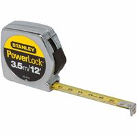 STANLEY Tape Measure: Nonmagnetic Single Hook Tip, 12 ft / 3.5 m, Metal, Silver (MPN 33-215). Key specifications — attr935324: STANLEY; attr942259: Silver; attr935326: Corrosion-Resistant; attr935328: 1/32 in (1st 12 in); attr935329: Feet; attr935337: Metric/SAE; attr936607: Manual Lock; attr985315: 5 m or less.