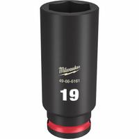 MILWAUKEE Deep Impact Socket: 3/8 in Drive Size, Metric, 19 mm Socket Size, 6-Point, Deep, Friction (MPN 49-66-6161). Key specifications — attr1215501: MILWAUKEE; attr1215515: Black Phosphate; attr1215518: 19 mm.