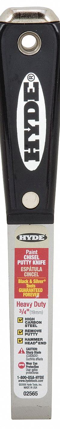 HYDE Putty Knife: Bld. Mat. Carbon Steel, Hdl. Mat. Nylon, Stiff, Tapered Bld. Shape (MPN 02565). Key specifications — attr1004902: HYDE; attr1012057: Full; attr1014703: Plastic; attr1017570: Hammer End; attr1029655: Straight; attr1034073: Straight.