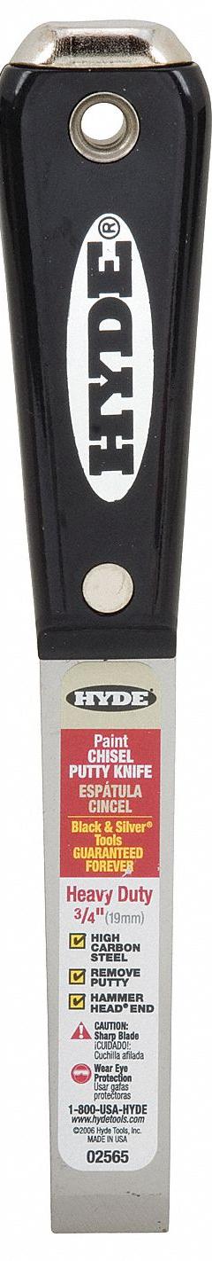 HYDE Putty Knife: Bld. Mat. Carbon Steel, Hdl. Mat. Nylon, Stiff, Tapered Bld. Shape (MPN 02565). Key specifications — attr1004902: HYDE; attr1012057: Full; attr1014703: Plastic; attr1017570: Hammer End; attr1029655: Straight; attr1034073: Straight.