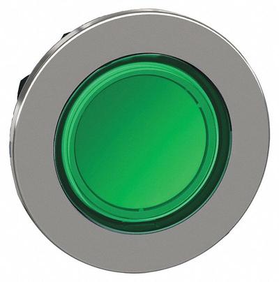 SCHNEIDER Flush Push Button: Green, 30 mm Mounting Size, Metallic - Illuminated Flush-Mount Push-Button Operators