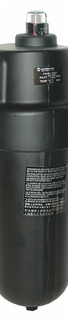 NORGREN Oil Removal Filter: 0.01 micron, 1 in PTF, 125 cfm, 250 psi Max Op Pressure, Aluminum Bowl (MPN F46-801-A0DA). Key specifications — attr241482: No; attr110918: Yes; attr110926: Aluminum; attr110904: NORGREN.