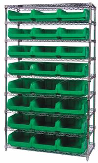 QUANTUM STORAGE SYSTEMS Bin Shelving: 42 in x 18 in x 74 in, 1 Sided, 18 Bins, Open, Gray, 7 Shelves (MPN WR7-532GN). Key specifications — Includes Bins: Yes; Bin Material: Polypropylene; Frame Color: Silver; Bin HxWxD: (18) 7-7/8 in x 12-3/8 in x 19-3/4 in; Frame Material: Steel; Bin Color: Gray; Bin Style: Hang and Stack; Brand: QUANTUM STORAGE SYSTEMS.