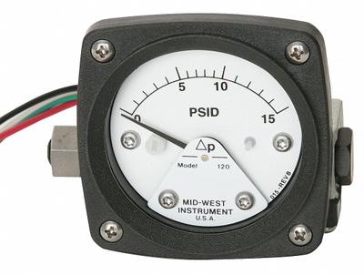 MIDWEST INSTRUMENT Differential Pressure Gauge & Switch: Back, 1/4 in NPT Female, 120 - Medium & High Operating Pressure Differential Gauges with Switch