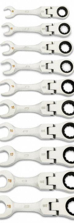 GEARWRENCH Combination Wrench Set: Alloy Steel, Full Polish Chrome, 10 Tools, Flex (MPN 86870). Key specifications — attr309581: Full Polish Chrome; attr309580: Alloy Steel; attr309571: No; attr309583: No; attr309587: Yes; attr324931: GEARWRENCH; attr309569: 10 mm to 19 mm.