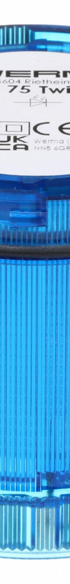 WERMA Tower Light Module: Flashing/Steady, 24V AC/24V DC, Blue, 70 mm Overall Dia, 66 mm Overall Ht (MPN 64751075). Key specifications — Brand: WERMA; Compatible with Series: KombiSIGN 72; Lens Color: Blue; Operating Voltage: 24V AC; Manufacturer Part Number: 64751075.