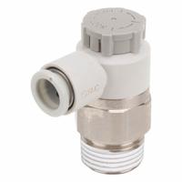 SMC Speed Control Valve: Elbow Fitting, Knob, 3/8 in Valve Body Size, 10 mm Tube, Meter Out (MPN AS3201F-03-10SA). Key specifications — attr947203: Brass/PBT; attr947205: SMC.