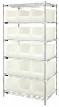 QUANTUM STORAGE SYSTEMS Bin Shelving: 36 in x 24 in x 74 in, 1 Sided, 15 Bins, Open, Clear (MPN WR6-953CL). Key specifications — Includes Bins: Yes; Bin Material: Polypropylene; Frame Color: Silver; Bin HxWxD: (15) 10 in x 11 in x 23-7/8 in; Frame Material: Steel; Bin Color: Clear; Bin Style: Hang and Stack; Brand: QUANTUM STORAGE SYSTEMS.