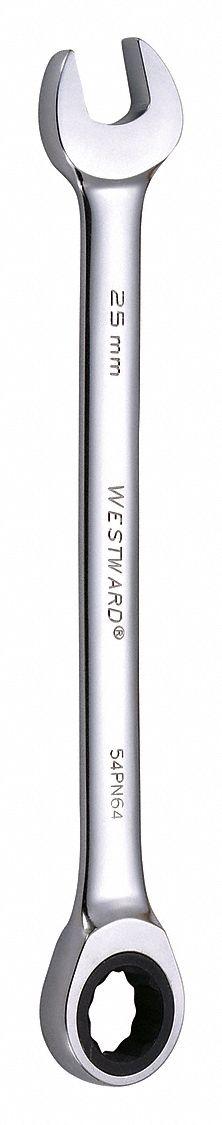 WESTWARD Combination Wrench: Alloy Steel, Chrome, 25 mm Head Size, 13 in Overall Lg - Metric 12-Point Ratcheting Combination Wrenches