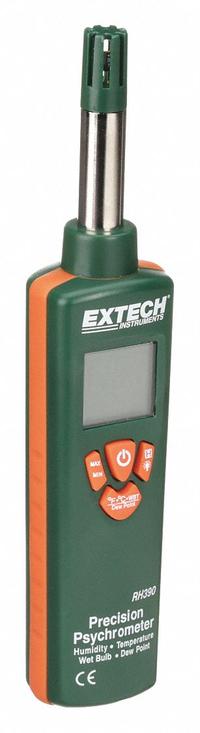EXTECH Psychrometer: Onboard, Ambient Temp/Dew Point/Relative Humidity/Wet Bulb Temp, -22°F to 199°F (MPN RH390). Key specifications — Brand: EXTECH; Calibration Certificate: Not Included.