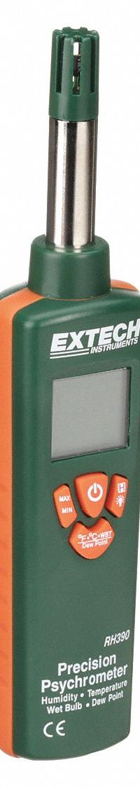 EXTECH Psychrometer: Onboard, Ambient Temp/Dew Point/Relative Humidity/Wet Bulb Temp, -22°F to 199°F (MPN RH390). Key specifications — Brand: EXTECH; Calibration Certificate: Not Included.