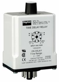 DAYTON Single Function Time Delay Relay: Socket Mounted, 24V AC/DC, 10 A, 8 Pins/Terminals, On Delay (MPN 24EP11). Key specifications — Brand: DAYTON.