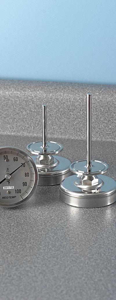 REOTEMP Sanitary Dial Thermometer: 0°F to 200°F - Back-Mount Fixed-Angle Sanitary Clamp Dial Thermometers