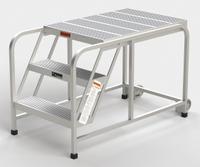 APPROVED VENDOR Mobile Work Platform: 2.5 ft Platform Ht - Max, 24 in x 35 in, Aluminum (MPN A004). Key specifications — Folding: Not Foldable; Mobility: Rolling; Use Location: Indoor; Brand: APPROVED VENDOR; Color: Silver; Height Adjustability: Fixed Height; Includes Handrails: Handrails Not Included; Locking Mechanism: No Locking Mechanism.