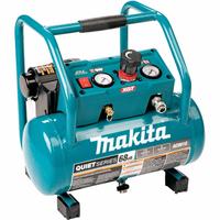 MAKITA Battery Powered Portable Air Compressor: Quiet, Oil-Less, 2 gal, Hot Dog, 1.2 cfm @ 90 psi (MPN AC001GZ). Key specifications — attr48686: Oil-Less; attr48685: 40V DC; attr48689: 1.2 cfm @ 90 psi; attr48671: MAKITA; attr124308: Quiet (less than 75 dBA).