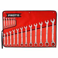 PROTO Combination Wrench Set: Alloy Steel, Chrome, 18 Tools, 1/4 in to 1 1/4 in Range of Head Sizes (MPN JSCV-18SB). Key specifications — attr309581: Chrome; attr309580: Alloy Steel; attr309571: Yes; attr309583: No; attr309587: Yes; attr324931: PROTO; attr309569: 1/4 in to 1-1/4 in; attr309572: Tool Roll.