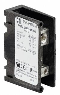 SQUARE D Power Distribution Block: Open, Lug, Lug, 14 AWG – 2 AWG For Line Side Wire Sizes (MPN 9080LBA161104). Key specifications — attr1361688: Surface; attr1308686: SQUARE D; attr1361672: Aluminum.
