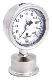 ASHCROFT Pressure Gauge: 0 psi to 200 psi, 2 1/2 in Dial, 1 1/2 in Tri-Clamp, Bottom, 1032S (MPN 25-1032S-15L-200). Key specifications — Brand: ASHCROFT; Case Material: 316L Stainless Steel; Lens Material: Polycarbonate; Pressure Gauge Type: Sanitary Pressure Gauge; Accuracy: ±1.50%; Includes Calibration Certificate: No; Series: 1032S; Vibration Resistance: Water Resistant.