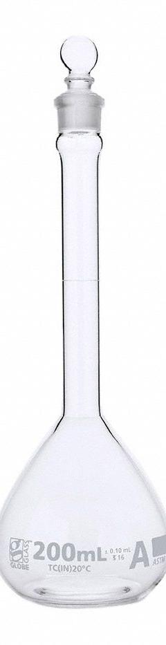 GLOBE SCIENTIFIC Volumetric Flask: 200 mL, Colorless, A, 0.10 mL, Includes Closure (MPN 8200200). Key specifications — Tolerance: 0.10 mL; Body Color: Colorless; Brand: GLOBE SCIENTIFIC; Compatible with Stopper Size: 16; USP Specification: Type I.
