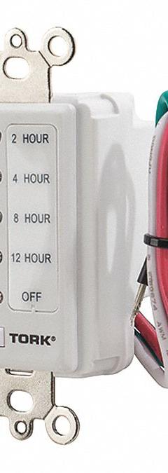 TORK Wall Switch Timer: 12 hr Max, 2 hr Min, SPST, 120V AC, No Wall Plate Included, White (MPN D212HW). Key specifications — Brand: TORK; Includes Hold: No Hold Included.