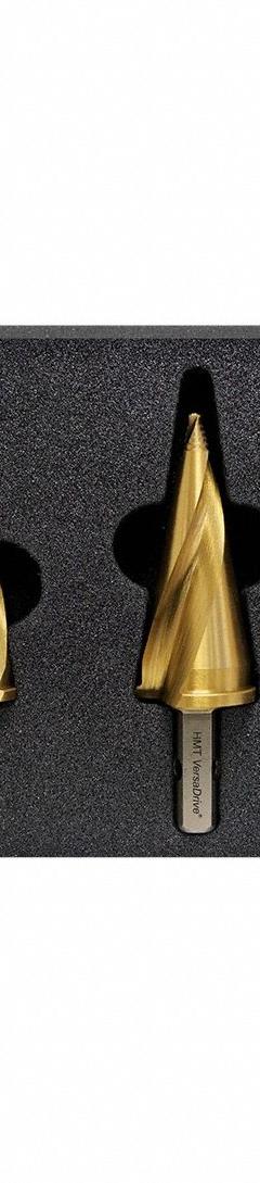 HOLEMAKER TECHNOLOGY Step Drill Bit Set: 3 Pc, 5/16" to 1-1/4", TiN-Coated HSS, 135° Point (MPN 505050-SET1). Key specifications — attr1239018: HOLEMAKER TECHNOLOGY; attr1239053: Impact Rated; attr1239061: 5/16 in to 1-1/4 in.