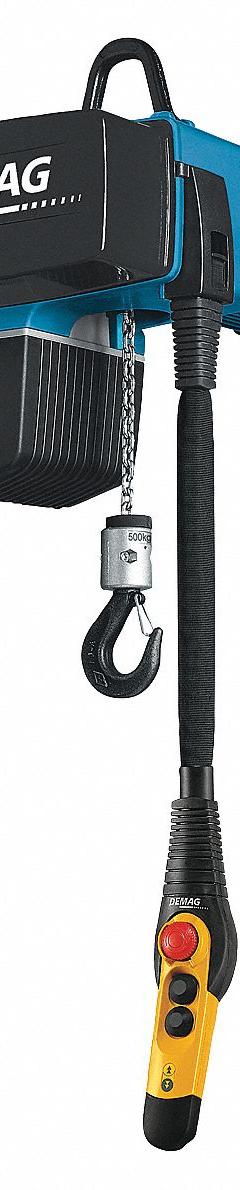 DEMAG Electric Chain Hoist: H4 - Heavy Duty, 460V AC, Hook Mounted - No Trolley, 2 Speeds (MPN DC Com 5-500-1/1 H8 V5.4/1.3-460/60). Key specifications — Brand: DEMAG; Includes: Chain Container; Operating Voltage: 460V AC; Headroom Clearance: 28 in - 30 in.