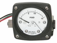 MIDWEST INSTRUMENT Differential Pressure Gauge & Switch: Back, 1/4 in NPT Female, 120, 2 1/2 in Dial (MPN 120-AA-00-O(CA)-10P). Key specifications — Sensor Type: Piston; Series: 120; Housing Material: Aluminum; Certificate of Calibration: Not Included; Gauge Accuracy: ±3-2-3%.